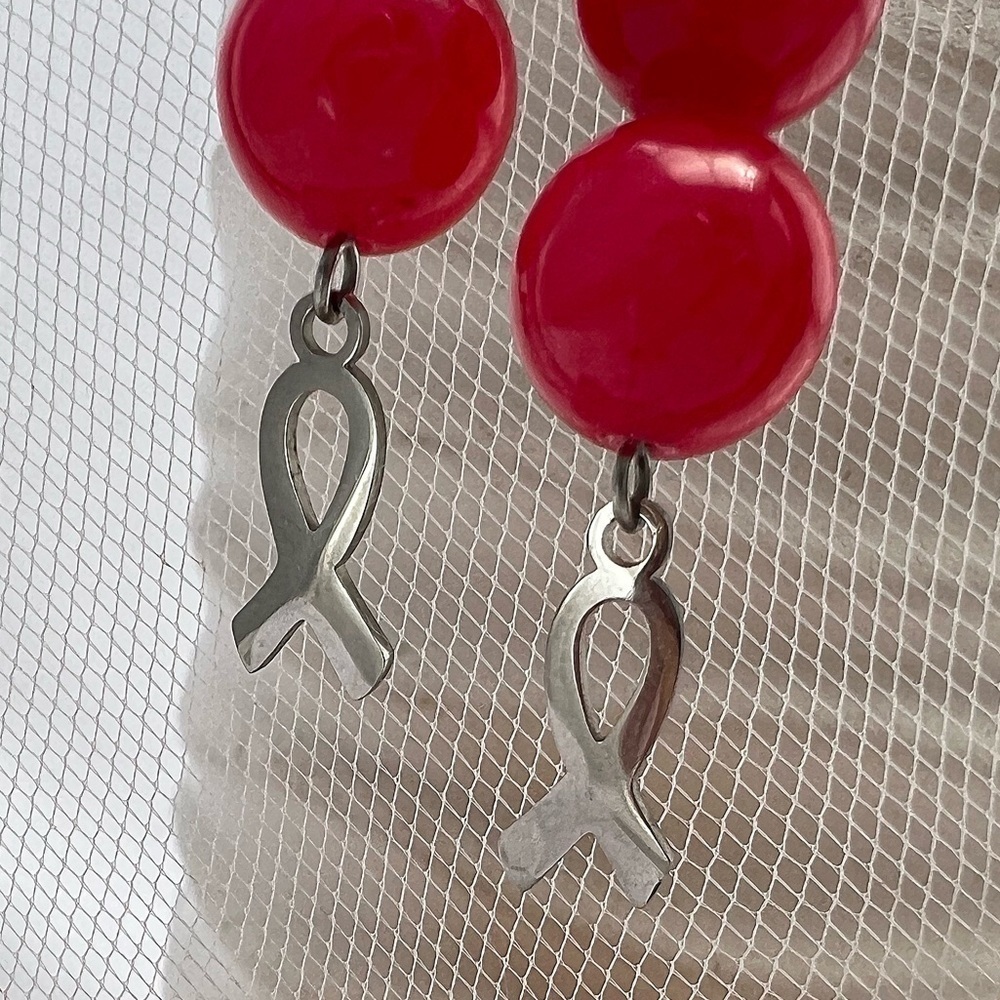 Pink Jade Awareness Ribbon Dangle Earrings - Picture 10 of 11